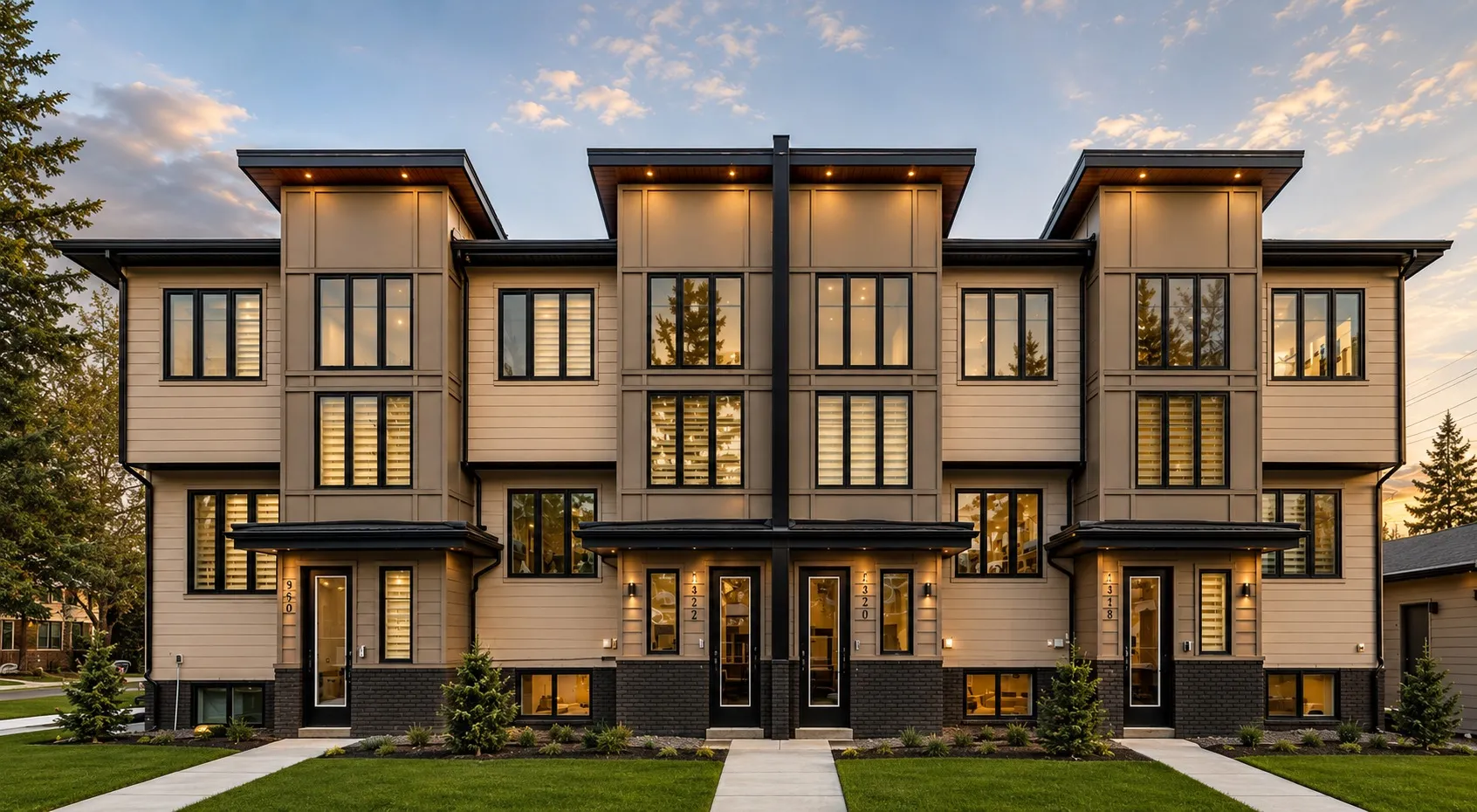 A row of modern Calgary townhomes at dusk under professional property management by NEXA