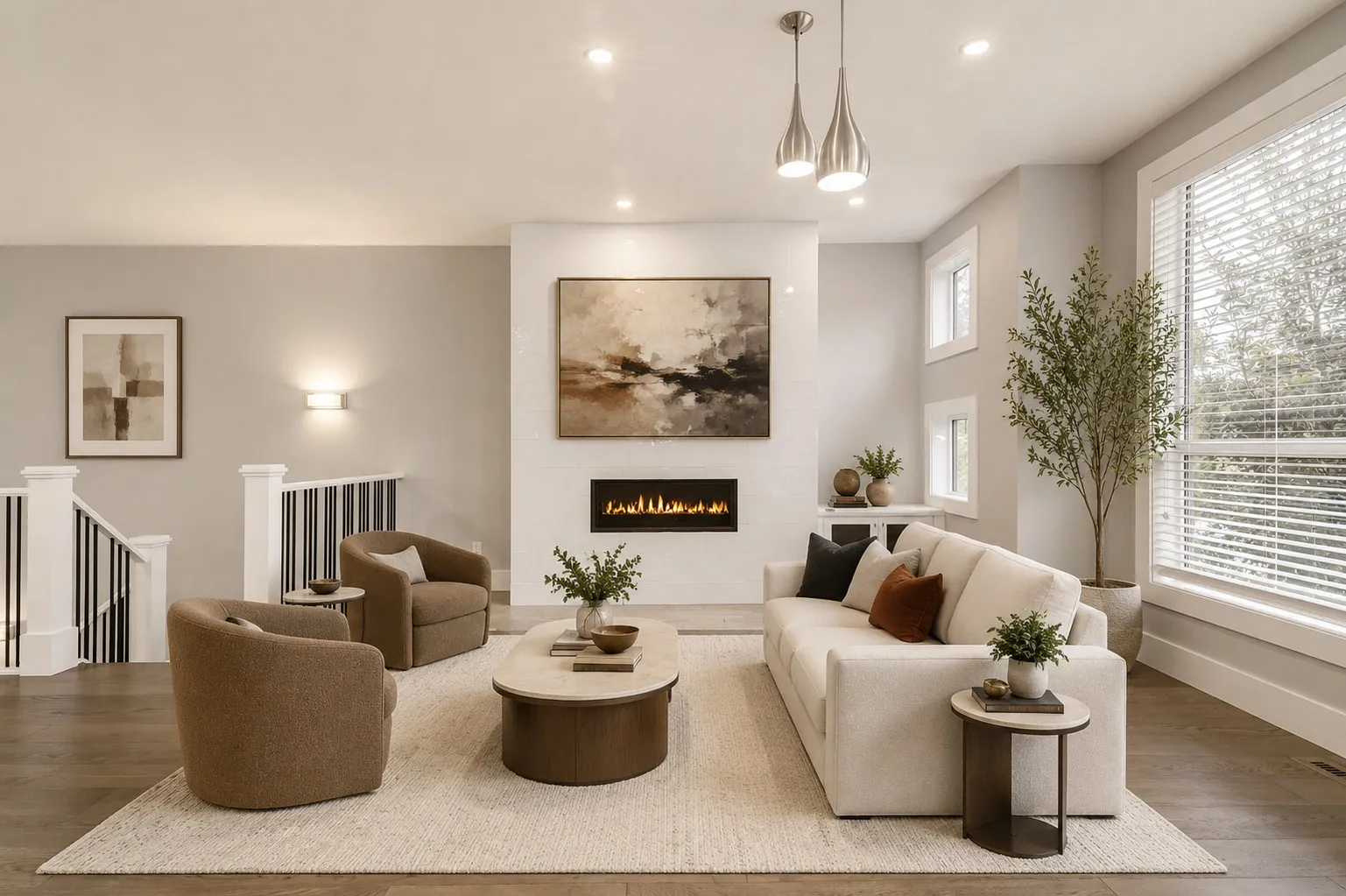 A staged living room with a linear fireplace in a Calgary rental home