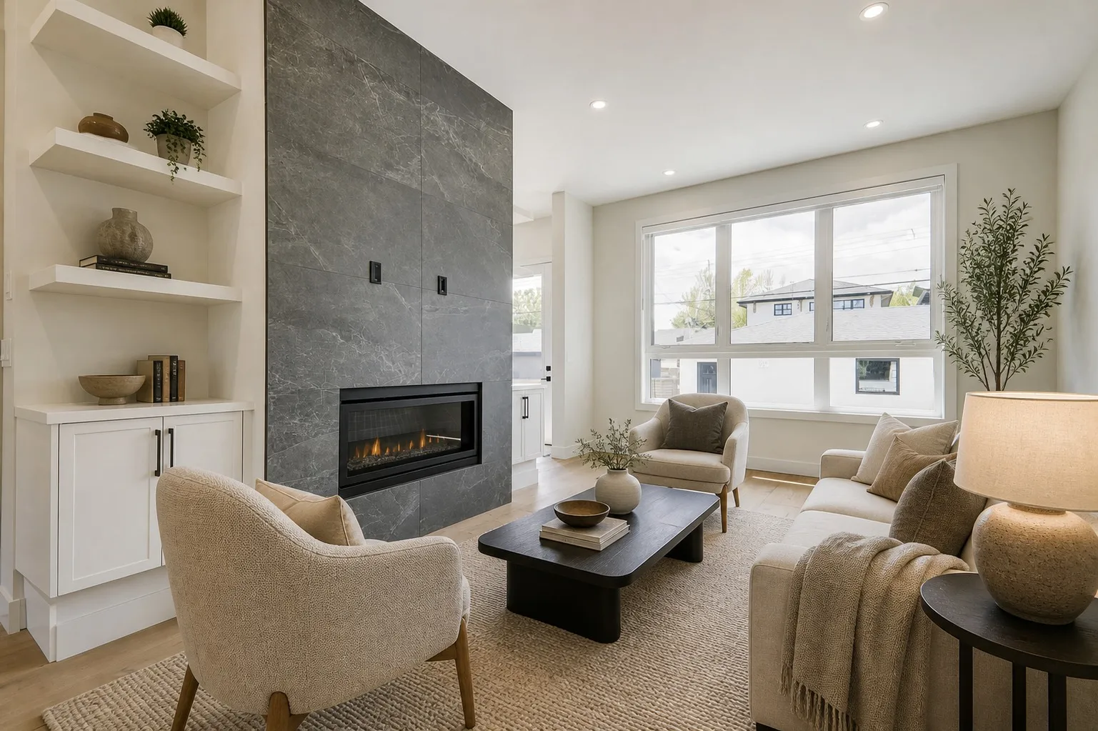 A staged living room with a stone fireplace and built-in shelving in a Calgary investment property