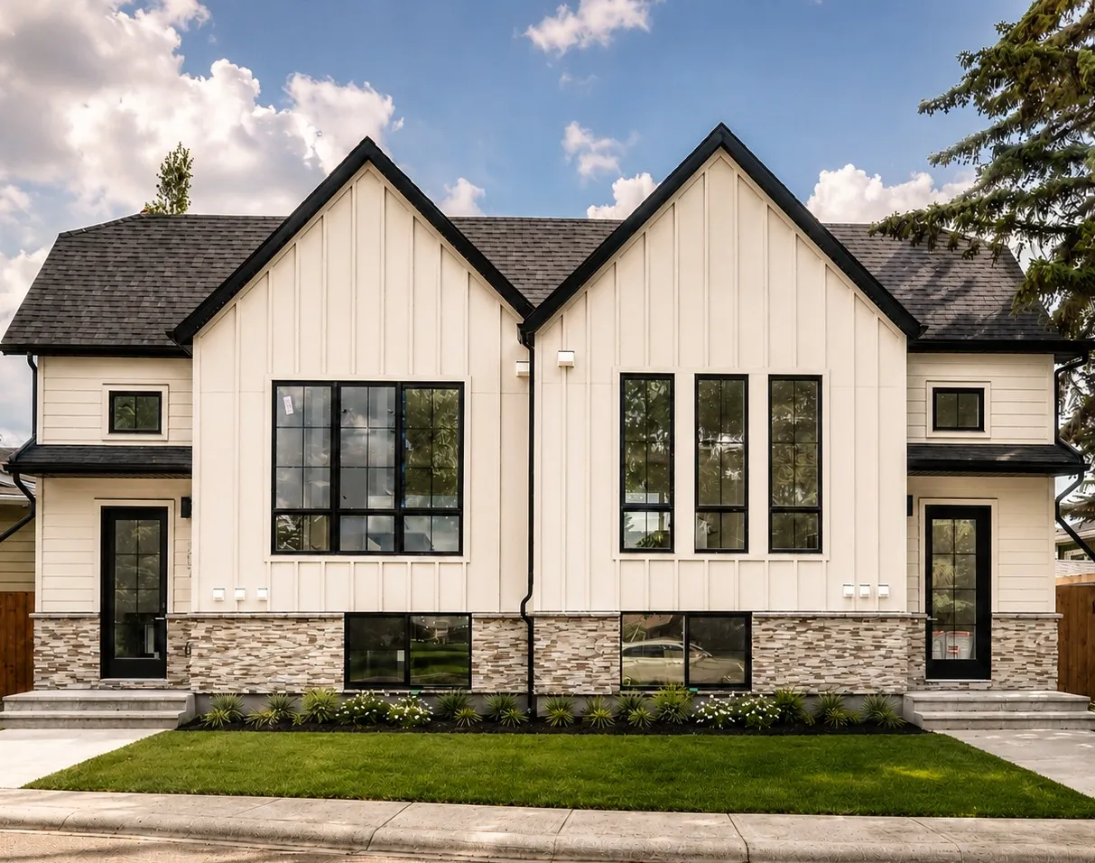 A white board-and-batten duplex in Calgary managed by NEXA Property Management